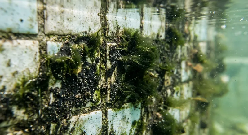 Algues vertes et noires sur les parois d'une piscine