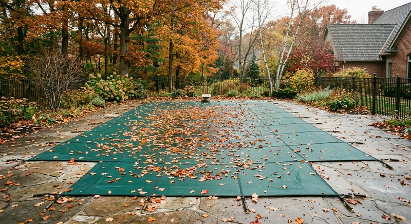 Piscine couverte pour l'hivernage avec bâche de sécurité