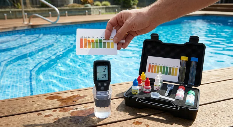 Test pH de piscine avec bandelettes et testeur électronique