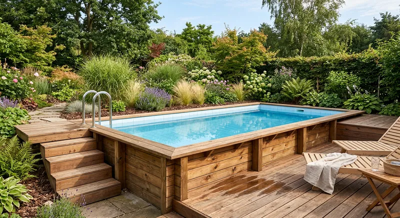 Piscine en bois avec structure nordique semi-enterrée