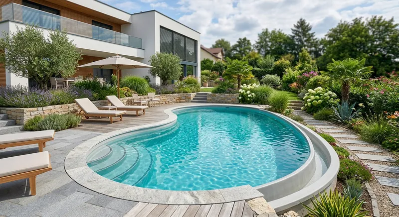 Piscine coque polyester installée dans un jardin paysager