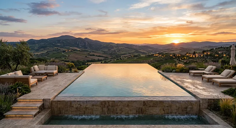 Piscine à débordement avec vue panoramique au coucher du soleil