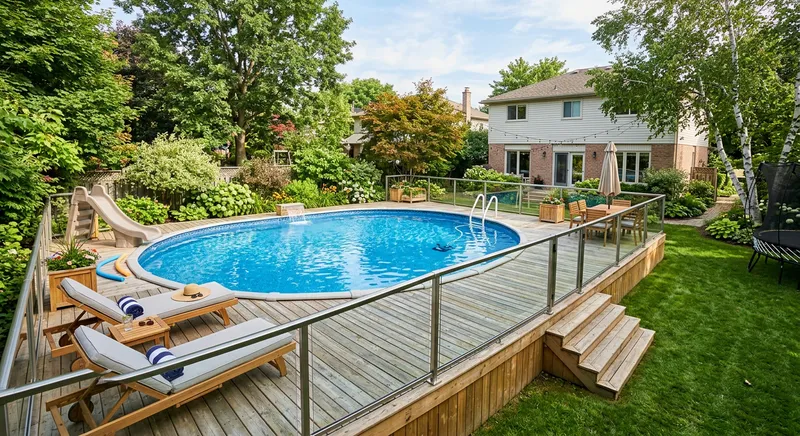 Piscine hors-sol avec terrasse en bois dans un jardin