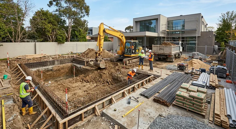 Construction de piscine en cours avec matériaux et équipements