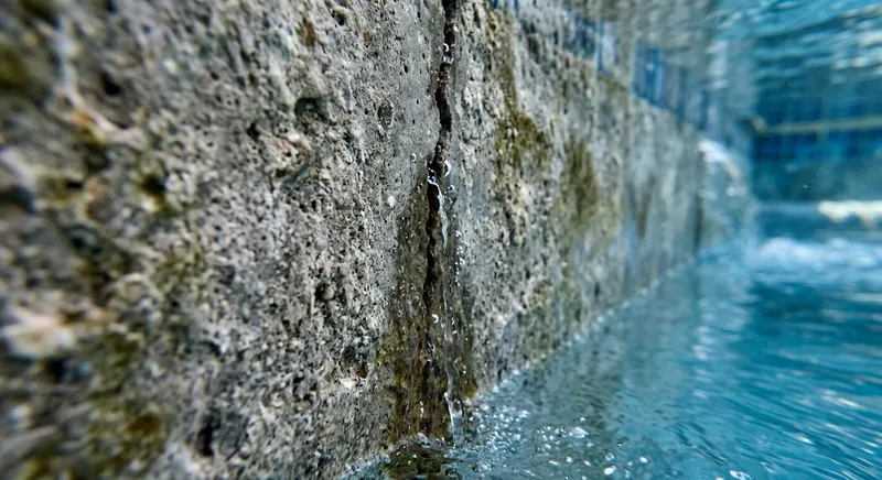 Fuite sur paroi béton de piscine avec infiltration d'eau visible
