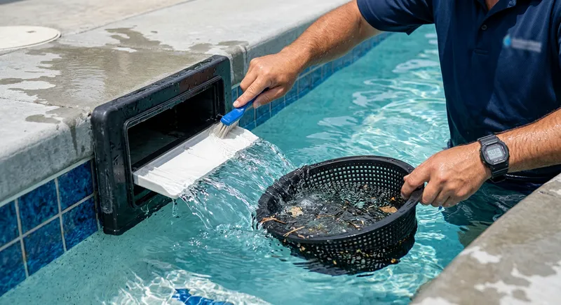 Skimmer de piscine en gros plan lors d'une recherche de fuite