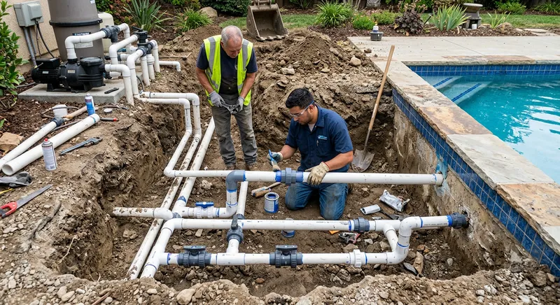 Tuyauterie PVC de piscine exposée lors d'une réparation de fuite