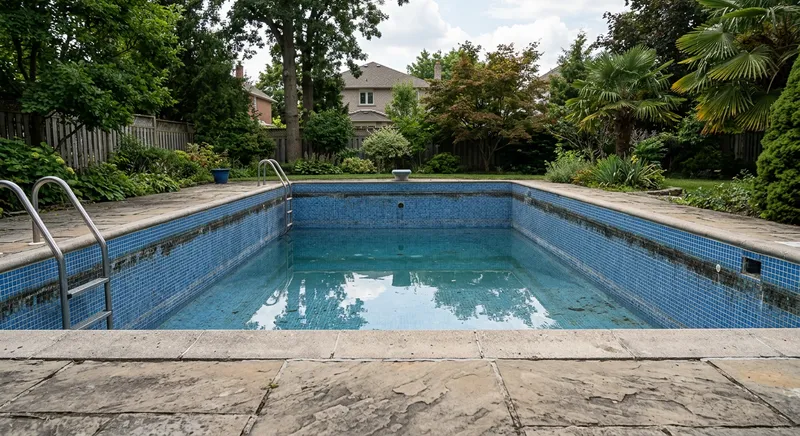 Piscine avec niveau d'eau anormalement bas indiquant une fuite