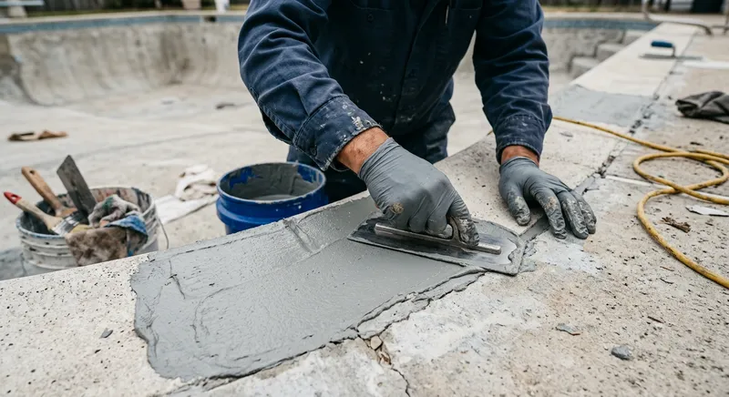 Réparation professionnelle d'une fuite de piscine en cours